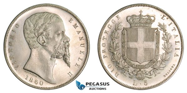 AA761, Italy, Emilia, Vittorio Emanuele II, 5 Lire 1860, Bologna, Silver, ex. Proof, Extremely Rare!