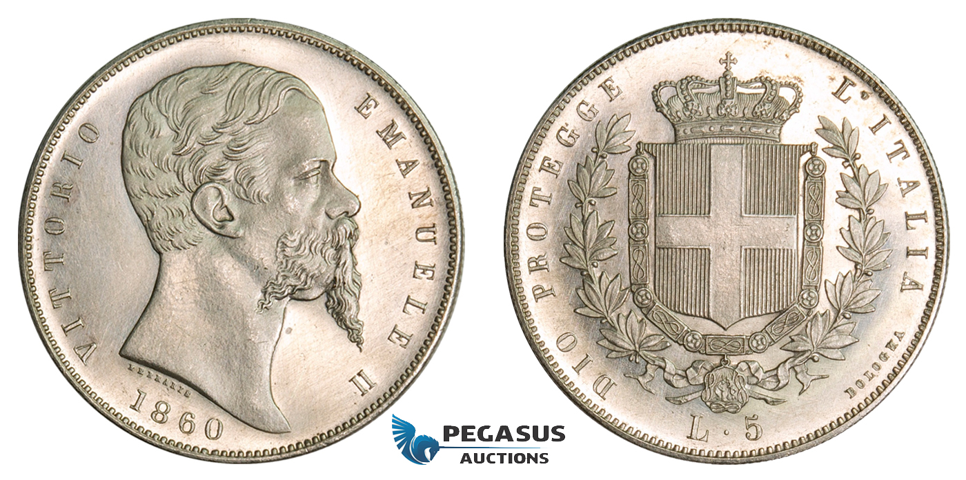 AA761, Italy, Emilia, Vittorio Emanuele II, 5 Lire 1860, Bologna, Silver, ex. Proof, Extremely Rare!