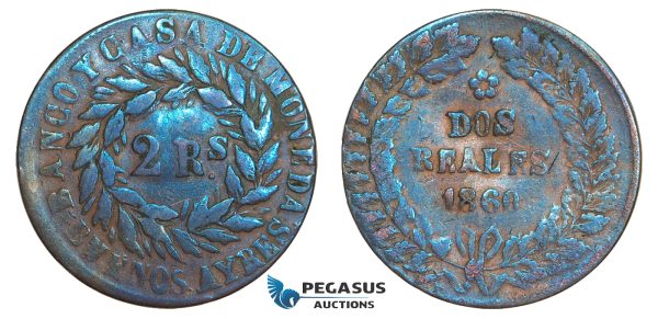 AA794, Argentina, Buenos Aires, 2 Reales 1860, VF