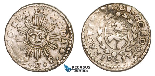 AA795, Argentina, Cordoba, 1 Real 1841 JPP, Silver, XF-AU