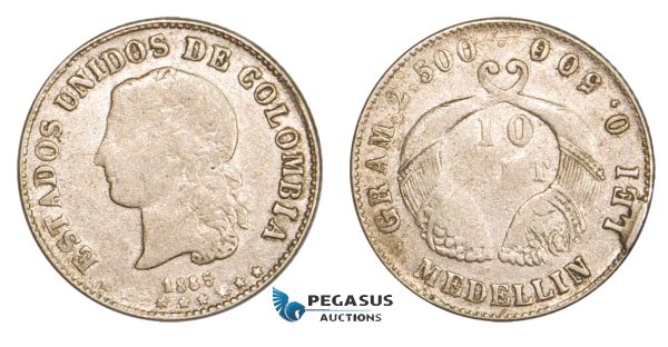 AA805, Colombia, 10 Centavos 1885, Medellin, Silver, aVF