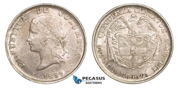AA806, Colombia, 50 Centavos 1889, Bogota, Silver, Lustrous AU-UNC (Min. Hairlines)