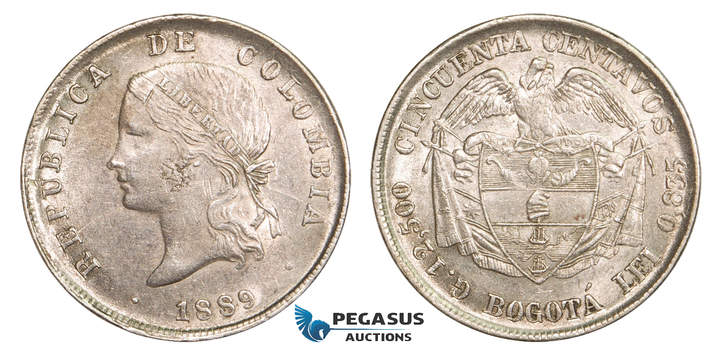 AA806, Colombia, 50 Centavos 1889, Bogota, Silver, Lustrous AU-UNC (Min. Hairlines)