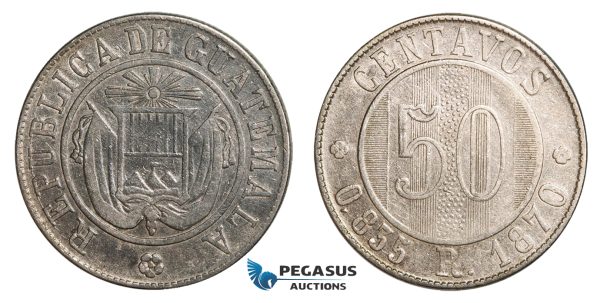 AA808, Guatemala, 50 Centavos 1870, Silver, VF-XF