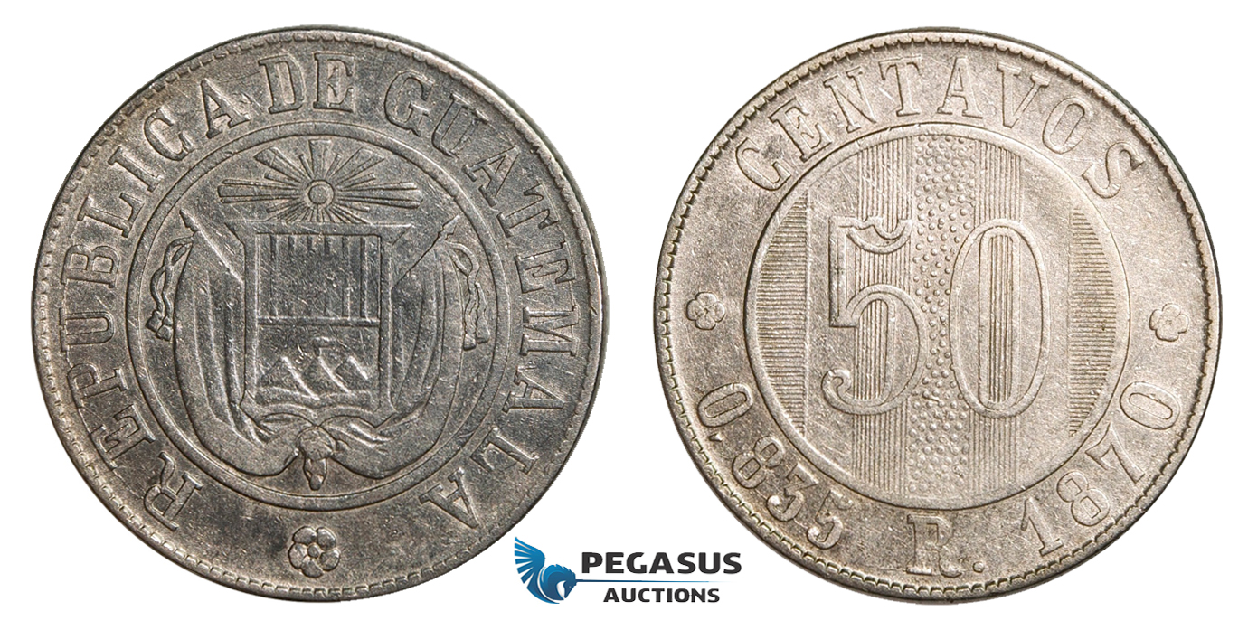 AA808, Guatemala, 50 Centavos 1870, Silver, VF-XF