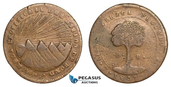 AA809, Honduras, Provisional coinage, Copper Ceiba 8 Reales 1857 T FL, Tegucigalpa, VF, Rare!