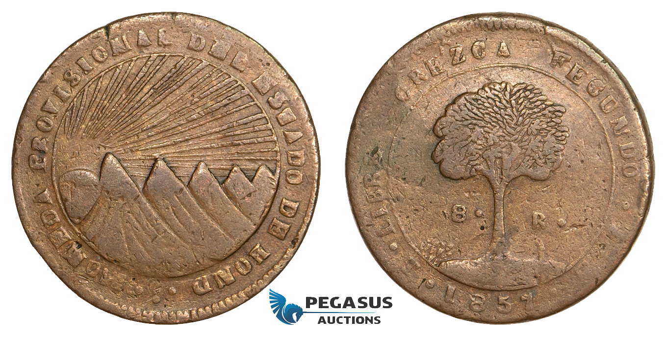 AA809, Honduras, Provisional coinage, Copper Ceiba 8 Reales 1857 T FL, Tegucigalpa, VF, Rare!