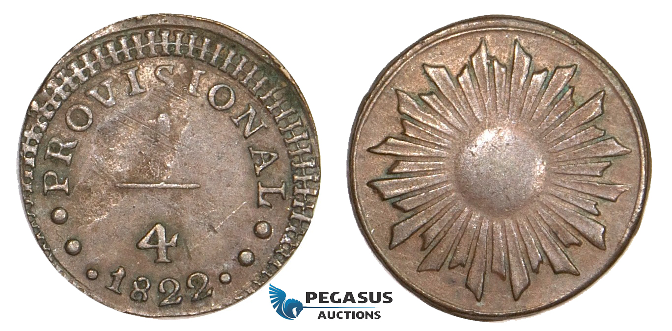 AA812, Peru, Provisional coinage, 1/4 Real 1822, planchet flaw, XF-AU
