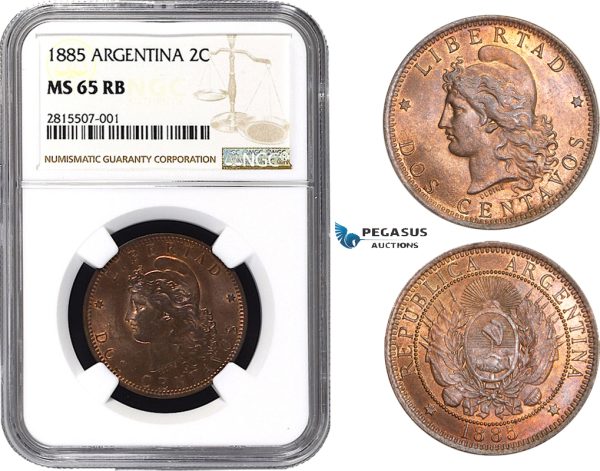 AA825, Argentina, 2 Centavos 1885, NGC MS65RB, Pop 1/0