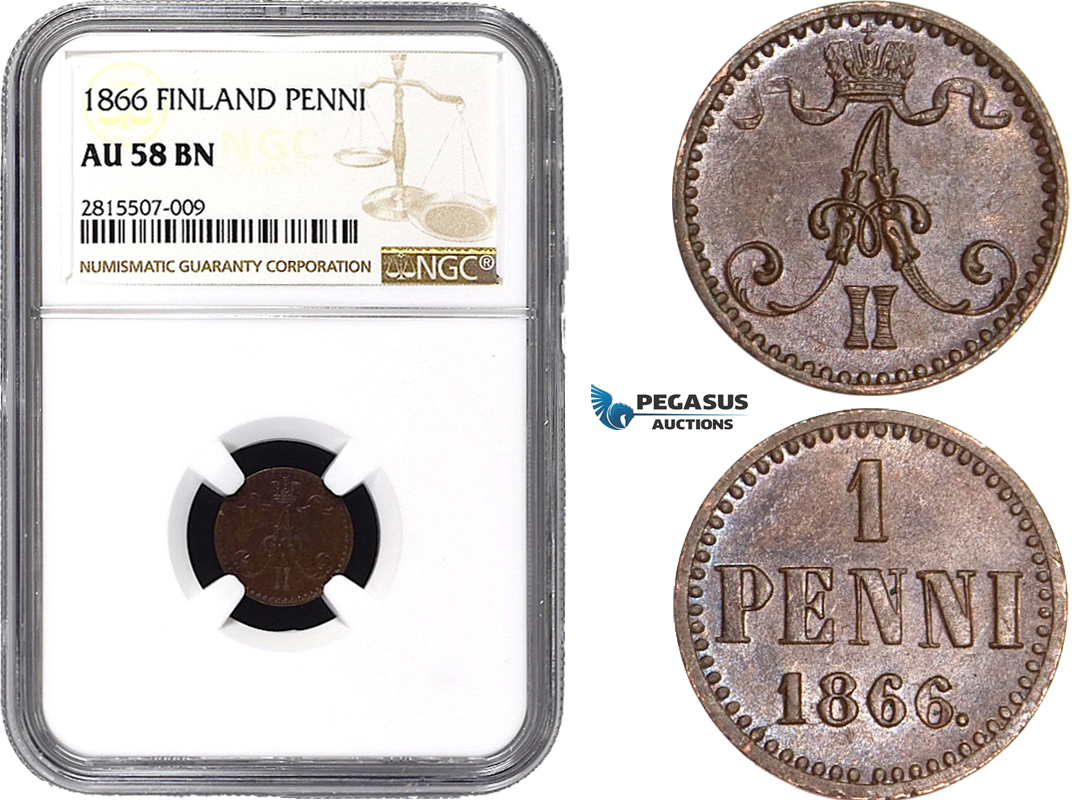 AA833, Finland (under Russia) Alexander II, Penni 1866, NGC AU58BN