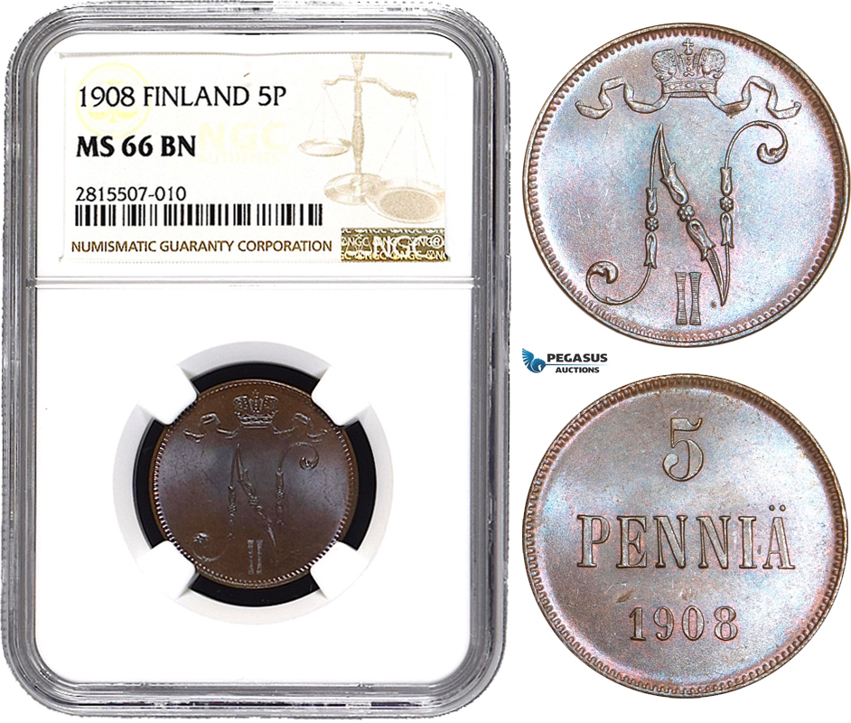 AA834, Finland (under Russia) Nicholas II, 5 Penniä 1908, NGC MS66BN, Pop 1/0