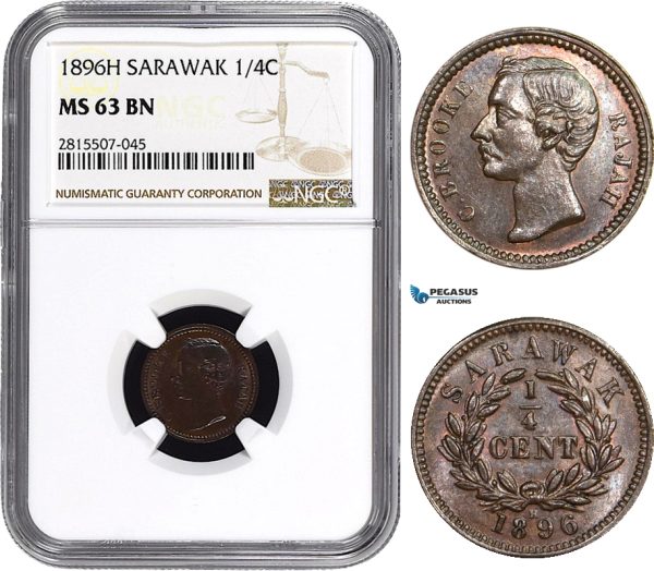 AA869, Sarawak, C. Brooke Rajah, 1/4 Cent 1896-H, Heaton, NGC MS63BN