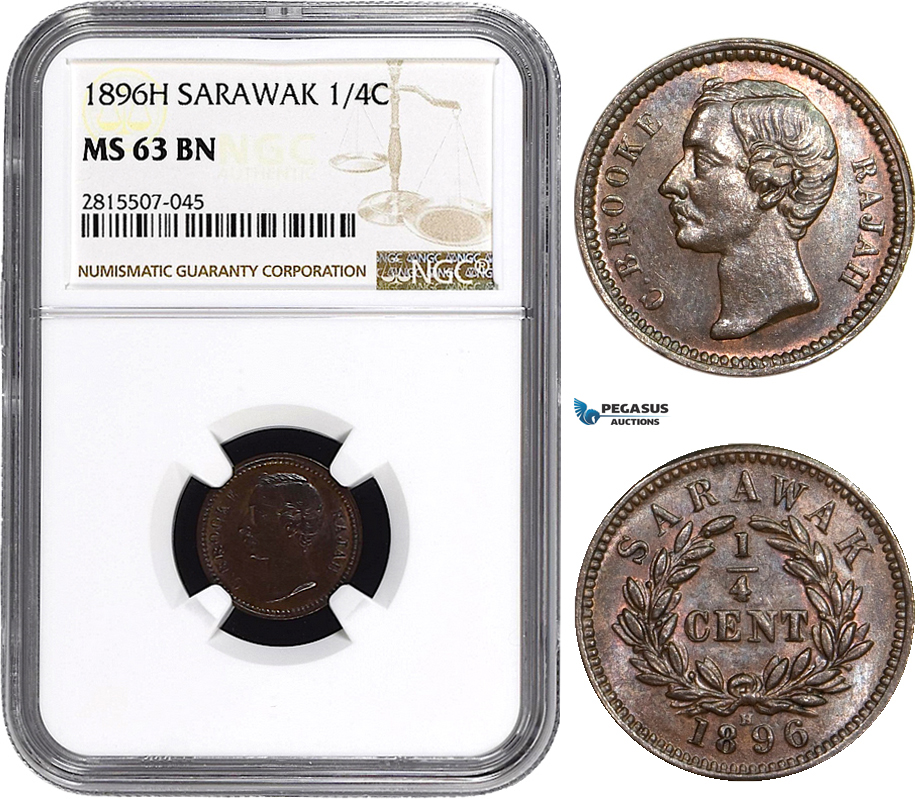AA869, Sarawak, C. Brooke Rajah, 1/4 Cent 1896-H, Heaton, NGC MS63BN