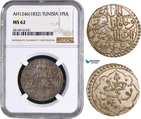 AA874, Tunisia, Husayn II, 1 Piastre AH1246 (1832) Silver, NGC MS62