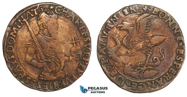 AA884, Netherlands, Bronze Token c. 1520 (Ø28mm, 3.9g) Charles V (Quint), Dugniolle 1550a, Rare!