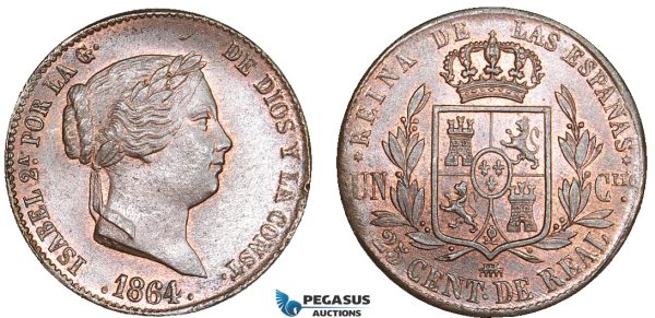 AA893, Spain, Isabella II, 25 Centimos de Real 1864, Segovia, Ch Red Brown UNC