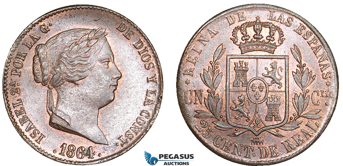 AA893, Spain, Isabella II, 25 Centimos de Real 1864, Segovia, Ch Red Brown UNC