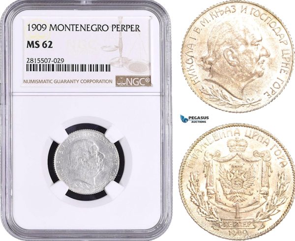 AA899, Montenegro, Nicholas I, 1 Perper 1909, Silver, NGC MS62, Pop 1/1