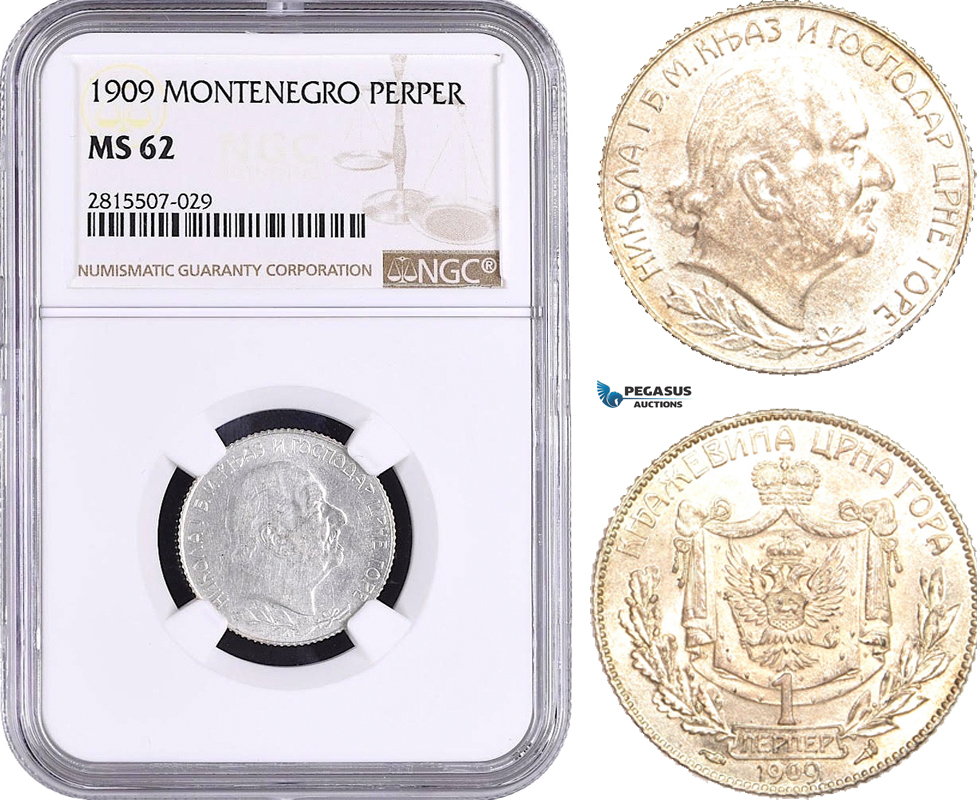 AA899, Montenegro, Nicholas I, 1 Perper 1909, Silver, NGC MS62, Pop 1/1