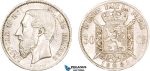AA913, Belgium, Leopold II, 50 Centimes 1881, Brussels, Silver, Minor edge nick, XF