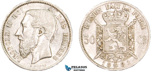 AA913, Belgium, Leopold II, 50 Centimes 1881, Brussels, Silver, Minor edge nick, XF