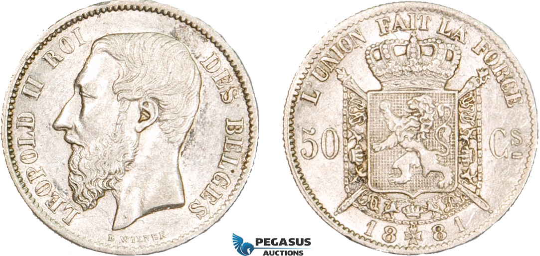 AA913, Belgium, Leopold II, 50 Centimes 1881, Brussels, Silver, Minor edge nick, XF