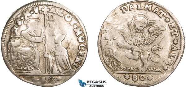 AA917, Italy, Venice (for Albania & Dalmatia) Alvise II Mocenigo, Leone da 80 soldi ND, Silver (11.22g) F-VF, small scratch on Rev.
