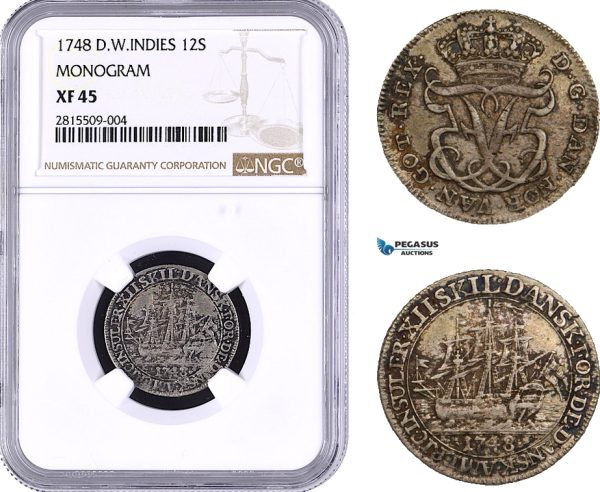 AA930, Danish West Indies, Frederik V, 12 Skilling 1748, Silver, NGC XF45, Top Pop