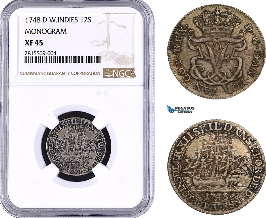 AA930, Danish West Indies, Frederik V, 12 Skilling 1748, Silver, NGC XF45, Top Pop