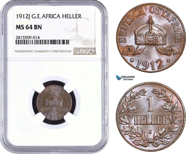 AA942, German East Africa (DOA) 1 Heller 1912-J, Hamburg, NGC MS64BN