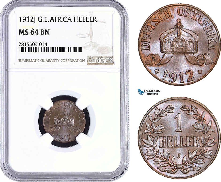 AA942, German East Africa (DOA) 1 Heller 1912-J, Hamburg, NGC MS64BN