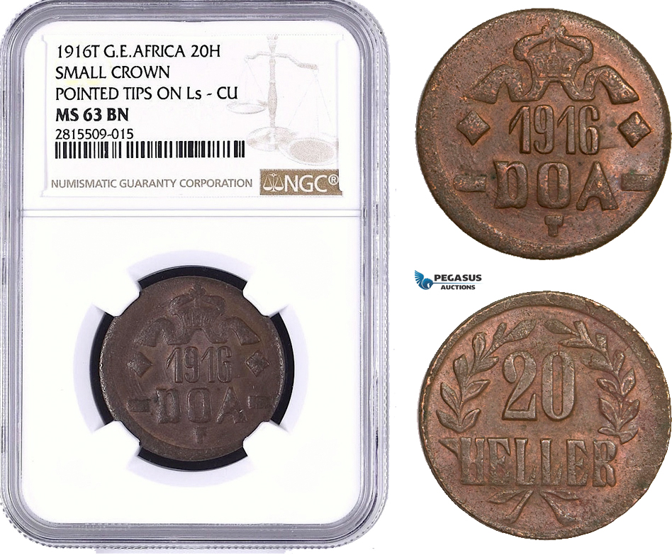 AA943, German East Africa (DOA) 20 Heller 1916-T, Tabora, NGC MS63BN