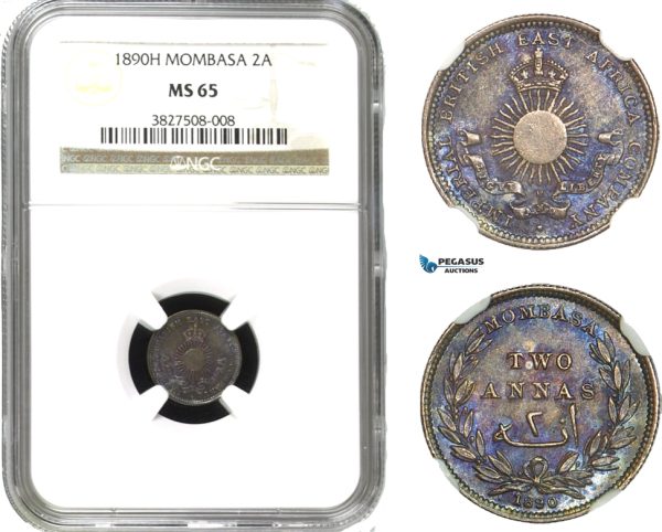 AA948, Mombasa, 2 Annas 1890-H, Heaton, Silver, NGC MS65 (Violet toning)