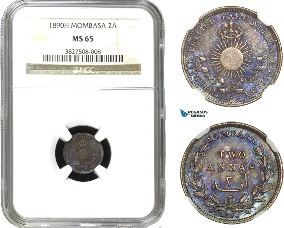 AA948, Mombasa, 2 Annas 1890-H, Heaton, Silver, NGC MS65 (Violet toning)