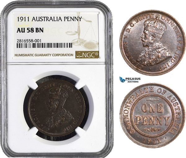 AB010, Australia, George V, Penny 1911, London, NGC AU58