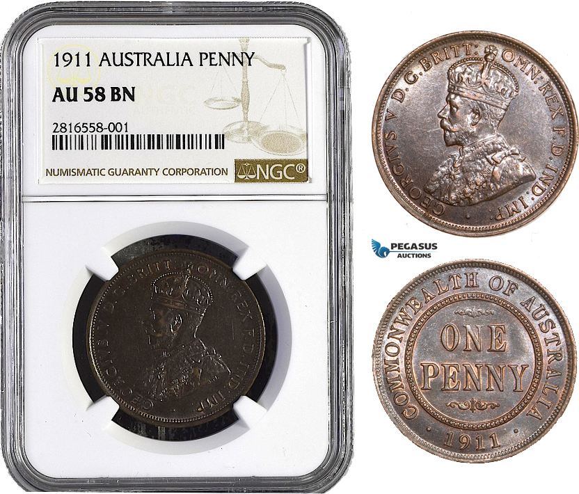 AB010, Australia, George V, Penny 1911, London, NGC AU58
