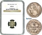 AB011, Belgium, Leopold I, 1/4 Franc 1843, Brussels, Silver, NGC MS63