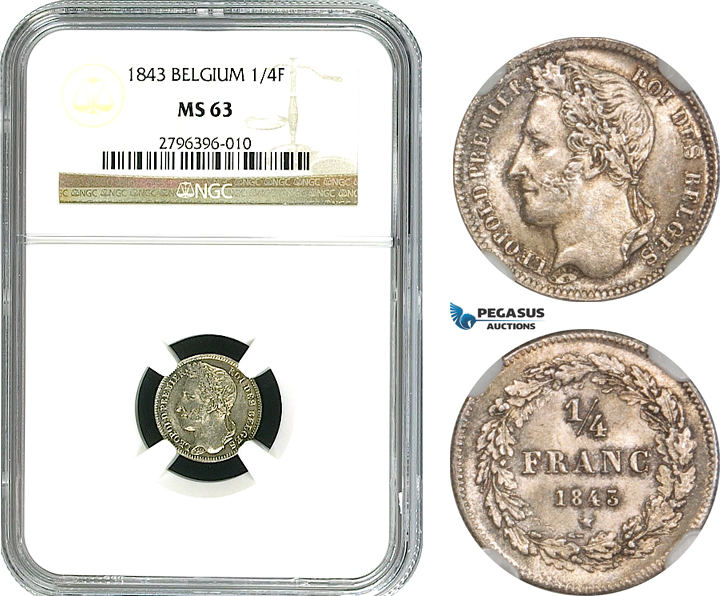 AB011, Belgium, Leopold I, 1/4 Franc 1843, Brussels, Silver, NGC MS63