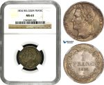 AB012, Belgium, Leopold I, 1 Franc 1834, Brussels, Silver, NGC MS63