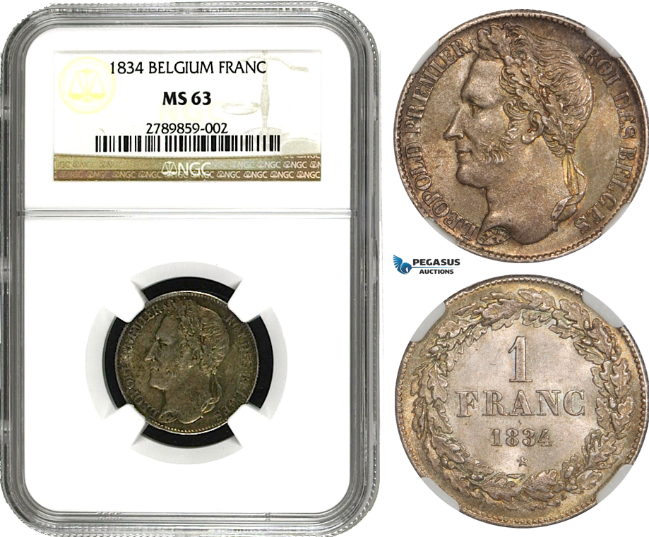 AB012, Belgium, Leopold I, 1 Franc 1834, Brussels, Silver, NGC MS63
