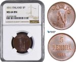 AB020, Finland, Nicholas II, 5 Penniä 1911, NGC MS64BN