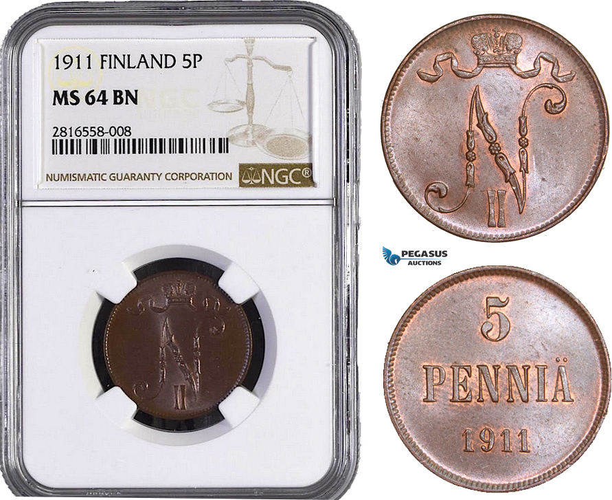 AB020, Finland, Nicholas II, 5 Penniä 1911, NGC MS64BN