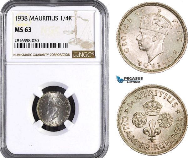 AB035, Mauritius, George VI, 1/4 Rupee 1938, Silver, NGC MS63