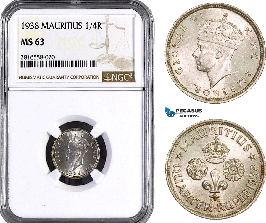 AB035, Mauritius, George VI, 1/4 Rupee 1938, Silver, NGC MS63