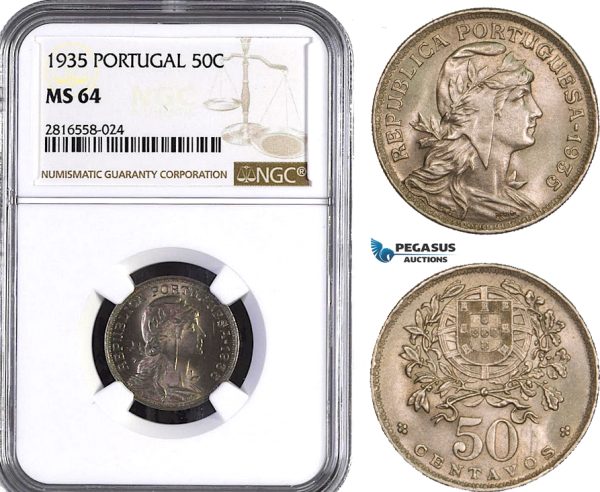 AB040, Portugal, 50 Centavos 1935, NGC MS64, Rare!