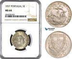 AB041, Portugal, 5 Escudos 1937, Silver, NGC MS64