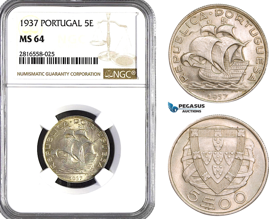 AB041, Portugal, 5 Escudos 1937, Silver, NGC MS64
