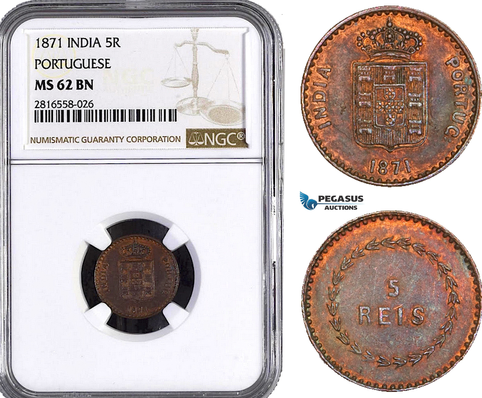 AB042, Portuguese India, 5 Reis 1871, NGC MS62BN
