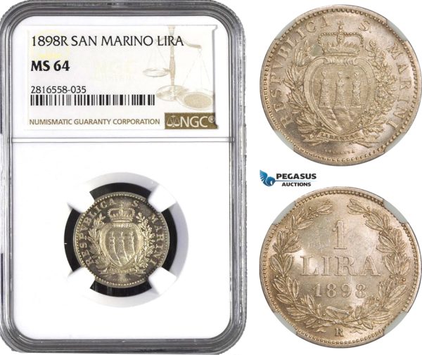 AB056, San Marino, 1 Lira 1898-R, Rome, Silver, NGC MS64