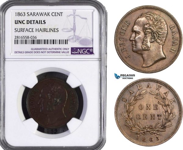 AB058, Sarawak, J. Brooke Rajah, 1 Cent 1863, NGC UNC Details